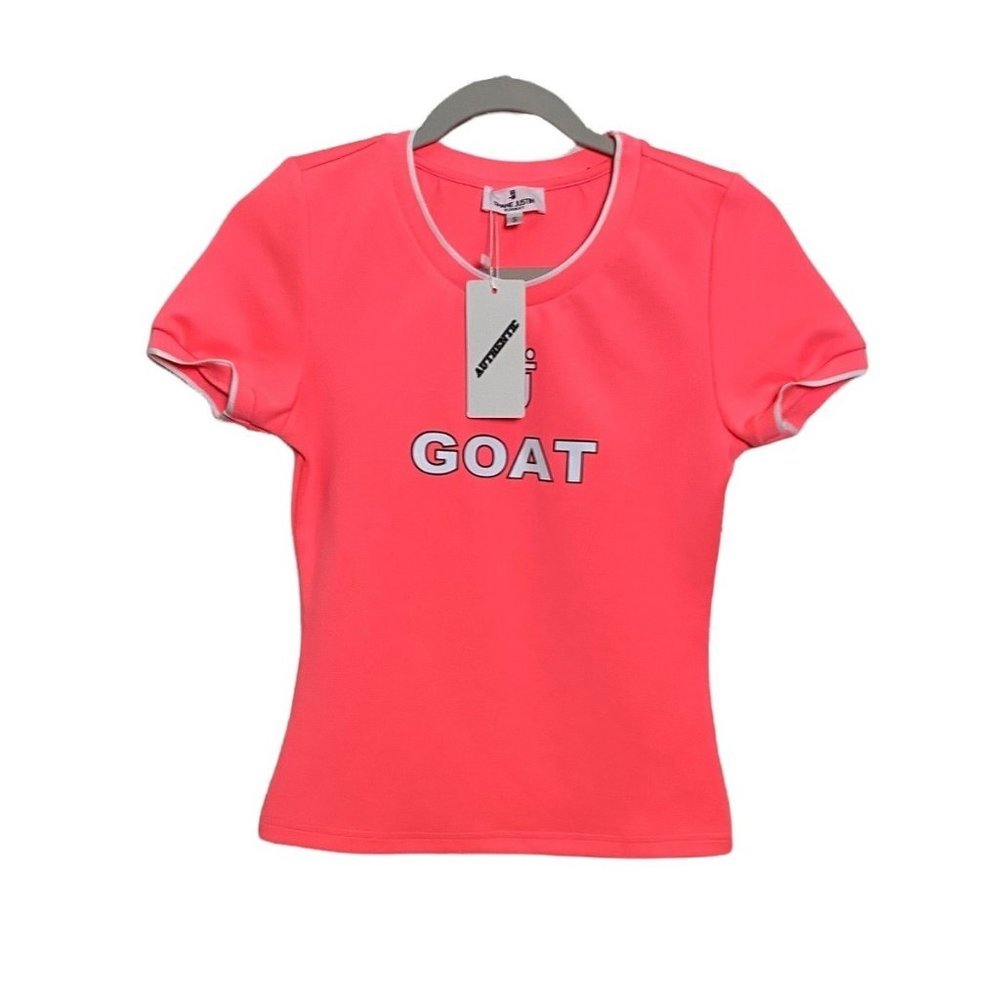 Shane Justin Runway NWT Women Sz Small‎ GOAT Spell Out Fitted Top Shirt Pink